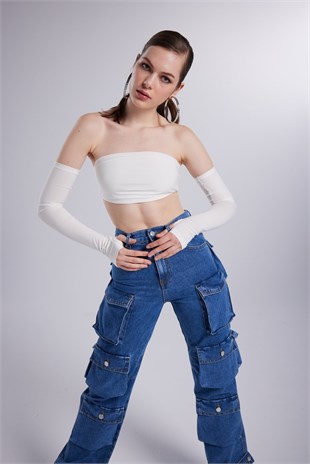 Yüksek Bel Wide Leg  Cargo Jean Pantolon Mavi