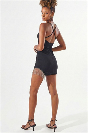 Straplez Mini Taş Detaylı Gisy Elbise Siyah