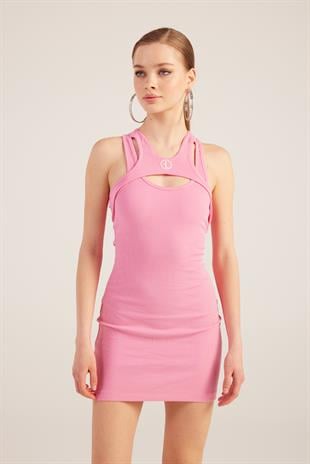 Halter Yakalı Fitilli Mini Carlin Elbise Pembe