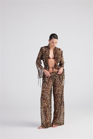 Beli Lastikli Leopar Desenli Şifon Savage Pantolon Kahve