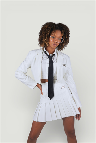 Fermuar Kapamalı Pileli Mini College Deri Etek Ekru