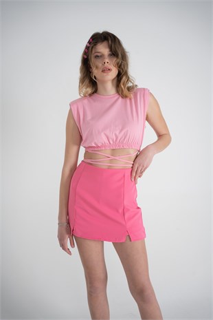 Bel Bağlamalı Crop Candy Tshirt Pembe