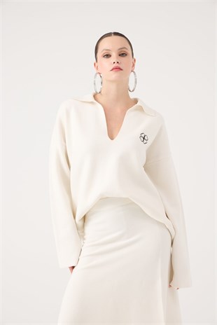 Oversize Kesim Polo Yaka Zoi Triko Kazak Beyaz
