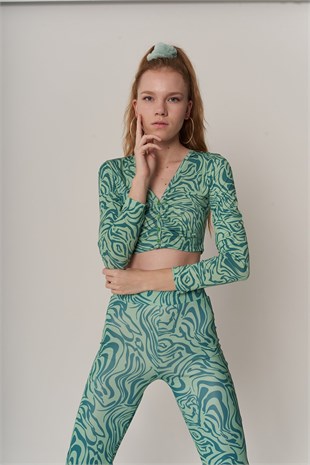 Crop Model Esnek uzun Kol Volera Bluz Yeşil