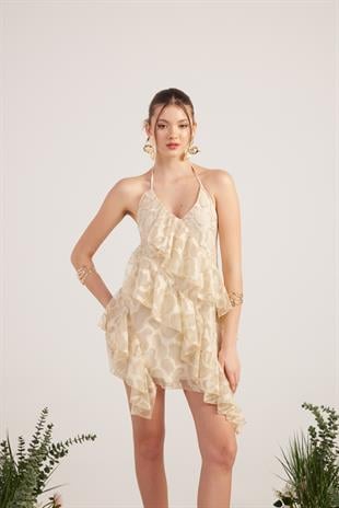 Fırfırlı Parlak Kumaşlı Mini Daniela Elbise Bej 