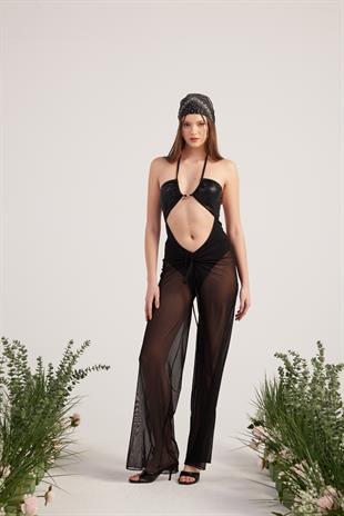 Beli İp Detaylı Tül Pareo Shirred Pantolon Siyah