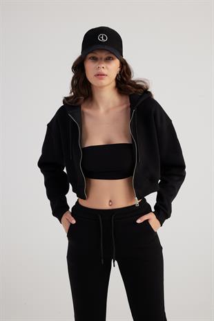 Kadın Siyah Kapüşonlu Uzun Kol Fermuarlı Crop Mixed Sweat