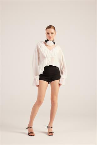 Fırfırlı Güllü Choker Aksesuarlı Şifon Sassy Gömlek Beyaz