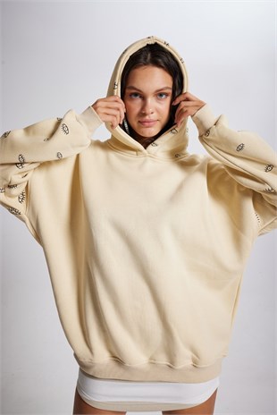 Oversize Kapüşonlu Unisex Eye Sweat Bej