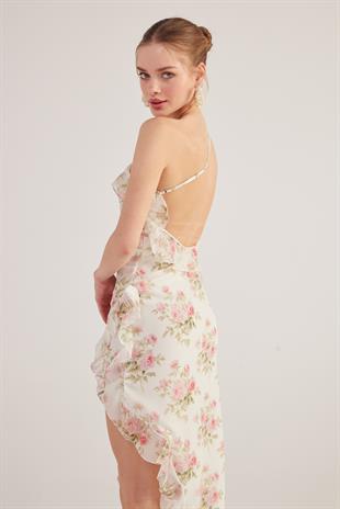 Tek Omuzlu Fırfır Detaylı Şifon Amorous Elbise Ekru