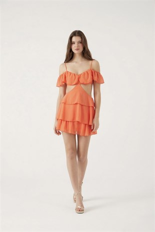 Mini Boy Dekolteli Açık Omuz Detaylı Ruby Elbise Turuncu