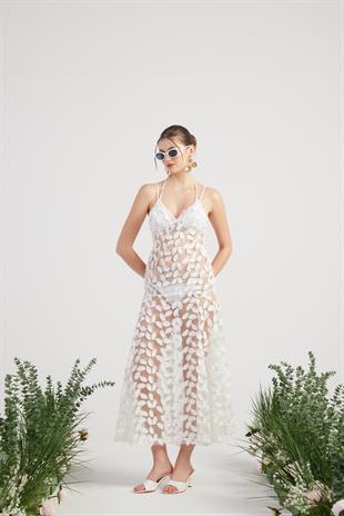 Özel Yapım Yaprak Kumaşlı Uzun Beatriz Elbise Beyaz