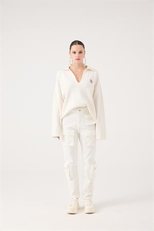 Yüksek Bel, Kargo Cepli Serenity Jean Pantolon Beyaz