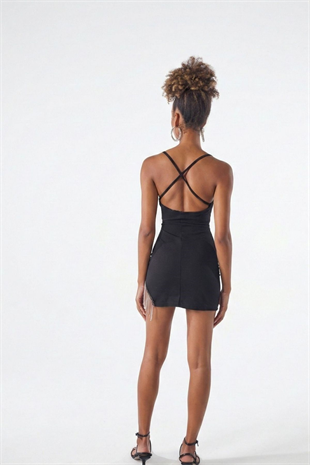 Straplez Mini Taş Detaylı Gisy Elbise Siyah