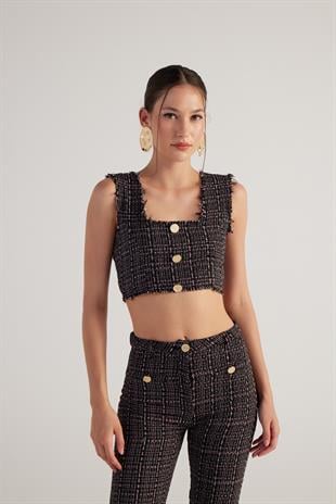 Tüvit Kumaş Crop Tweed Büstiyer Siyah