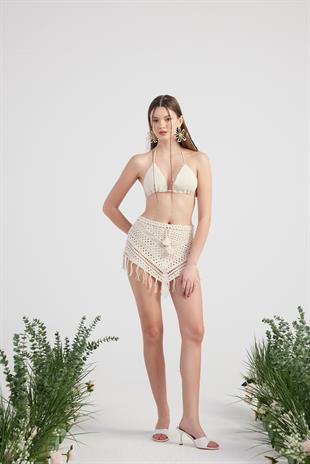 Desenli Bağlamalı Yazlık Alt Üst Chacha Triko Takım Bej