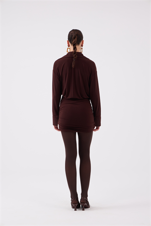 Eteği Büzgü Detaylı Gömlek Yaka Jaida Elbise Kahve