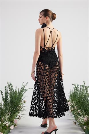 Özel Yapım Yaprak Kumaşlı Uzun Beatriz Elbise Siyah