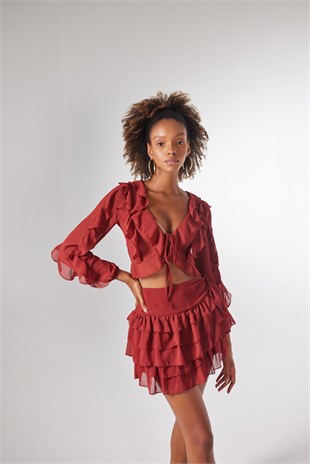 Crop Model Bağlamalı Kol Detaylı Elsa Bluz Kahve