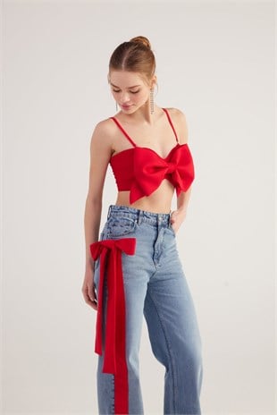 Yüksek Bel Kurdele Detaylı Wide Leg Kyla Jean Pantolon Mavi