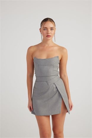 Simli Çizgili Crop Eden Büstiyer Gri