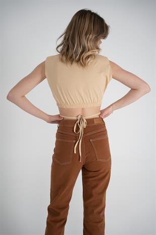 Bel Bağlamalı Crop Candy Tshirt Bej