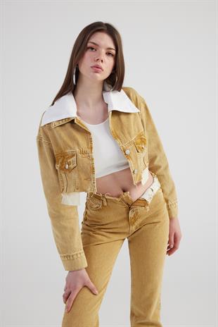 Mermer Desenli Çıkarılabilir Yaka Detaylı Crop Kesim Cepli Rusted Jean Ceket Camel