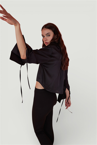Özel Dokulu Saten Crop Silky Gömlek Siyah