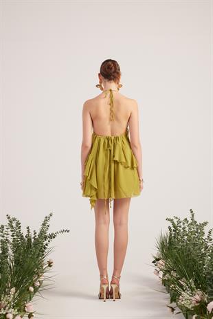 Fırfır Detaylı Şifon Kumaş Mini Ulya Elbise Yeşil