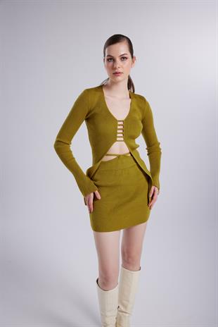 Beli Bağlama Detaylı Fels Triko Mini Etek Yeşil