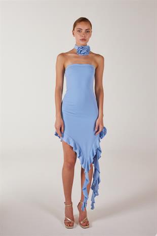 Çiçek Detaylı Fırfırlı Rosanna Elbise Mavi