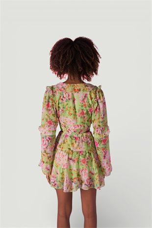 Çiçek Desenli Lastikli Yüksek Bel Mini Flora Etek Yeşil