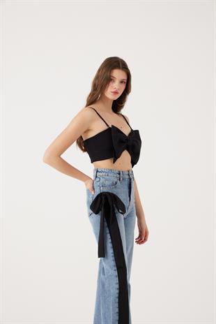 Kurdele Görünümlü Crop Jazmin Bluz Siyah