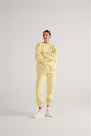 3 İplik Şardonlu Uzun Kol Bisiklet Yaka Fine Sweatshirt Sarı