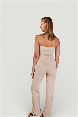 Straplez Kesim Astarlı Panky Bluz Bej