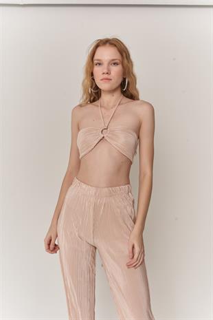 Kadın Bej Crop Bağlamalı Cardy Bluz