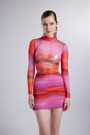 Balıkçı Yaka Astarlı Mini Çok Renkli İkili Inferno Takım Pembe