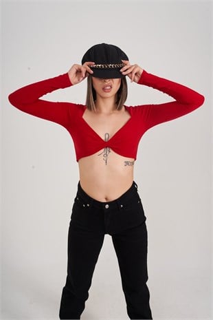 Crop Model Uzun Kol Walery Bluz Kırmızı