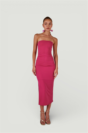 Yırtmaçlı Straplez Midi Bodycon Elbise Pembe