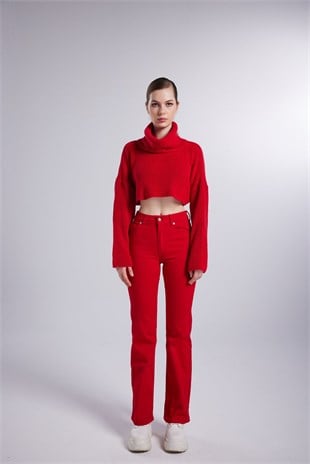 Yüksek Bel Slim Flare Likralı Alert Jean Pantolon Kırmızı