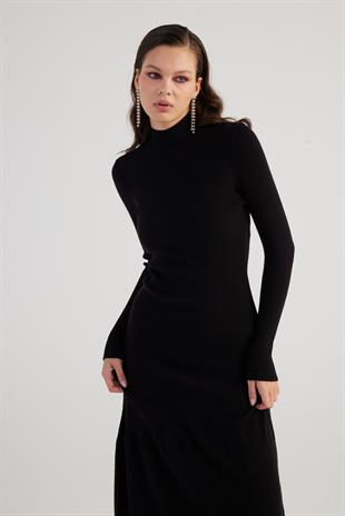 Balıkçı Yaka Özel Dokulu Midi Sally Triko Elbise Siyah