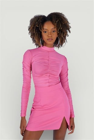 Drape Detaylı Yarım Balıkçı Draped Bluz Pembe