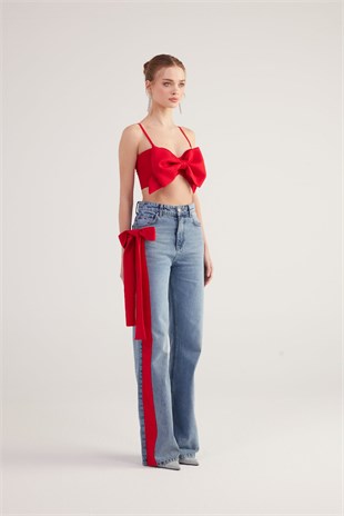 Yüksek Bel Kurdele Detaylı Wide Leg Kyla Jean Pantolon Mavi