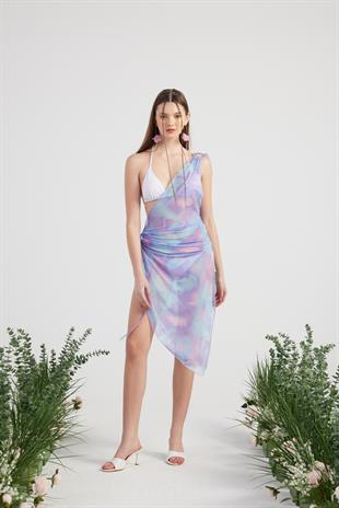 Özel Aksesuarlı Tek Omuzlu Tül Helen Pareo Lila