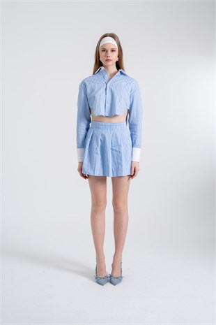 Çizgili Pilili Mini Harmony Poplin Etek Mavi