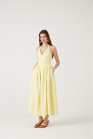 Boyundan Bağlamalı Bele Oturan Uzun Ophelia Elbise Sarı