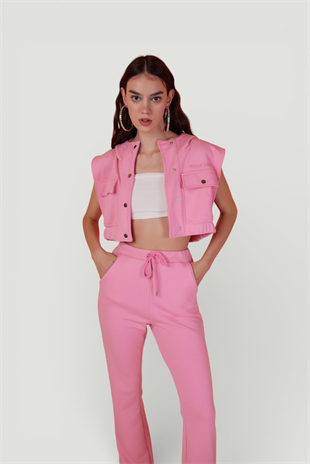 Kapişonlu Çıtçıt Kapamalı 3 İplik Jura Yelek Pembe