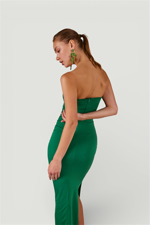 Yırtmaçlı Straplez Midi Bodycon Elbise Yeşil
