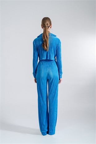 Crop Model Düğme Kapamalı Comfy Crop Gömlek Mavi