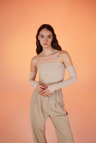 Kolları Ayrı Straplez Smooth Bluz Bej